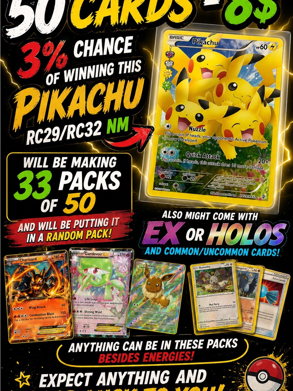 50 cards-8$ chance of getting a Pikachu perfect condition RC29/RC32